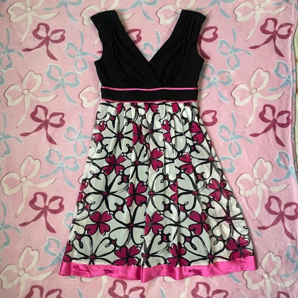 Dressbarn Size 10 Y2K Floral Low Cut Summer Dress Pink Black